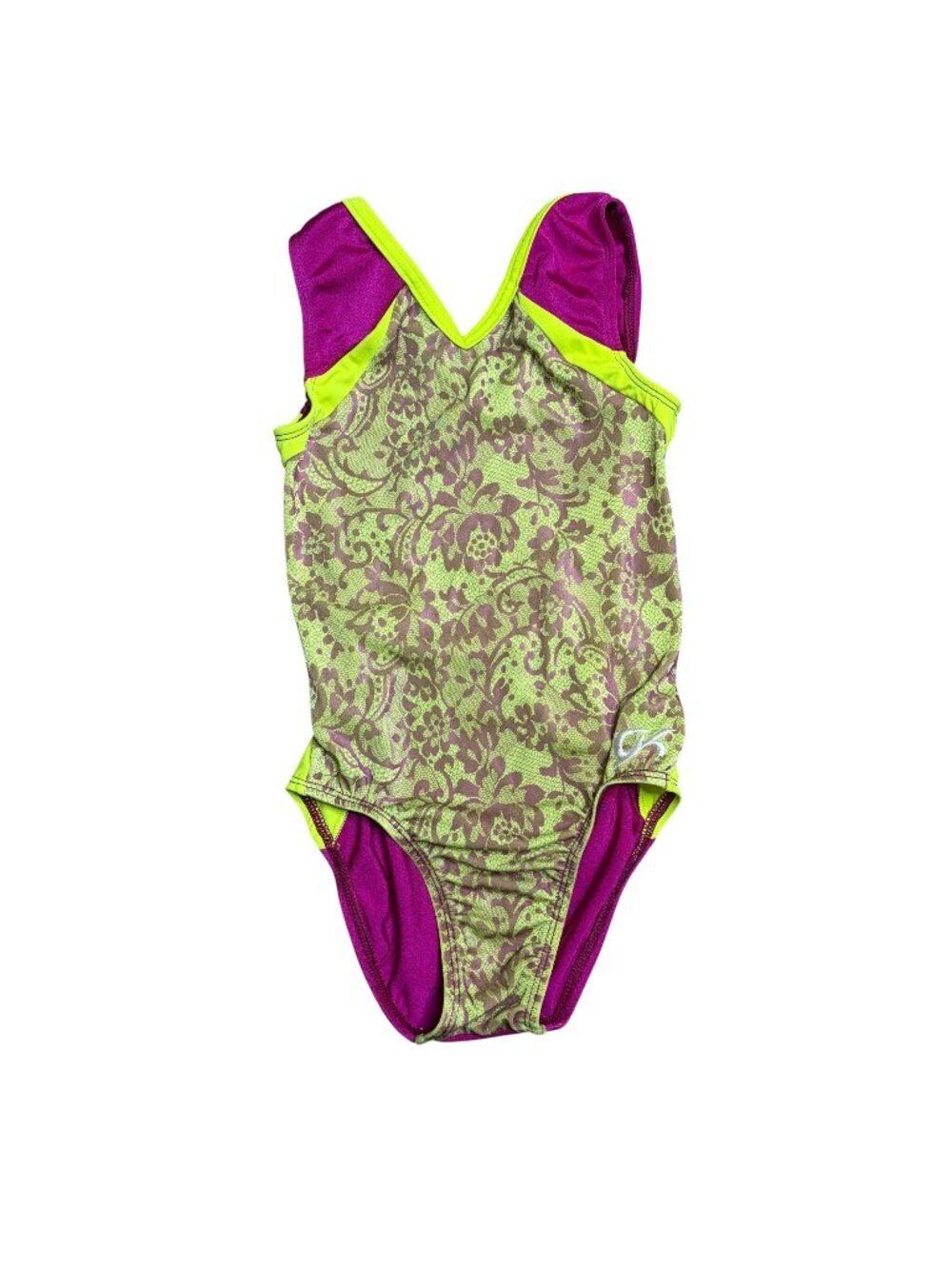 GK Gymnastics Leotard Size CL Child Large Magenta Bright Yellow Lace Design